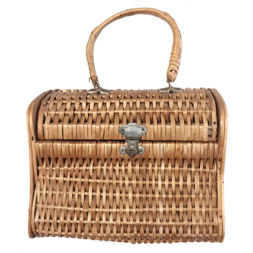 Vintage 1950s Wicker Rattan Box Purse Woven Basket Retro Top Handle Handbag